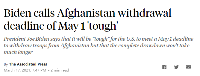 △拜登16日接受美国广播公司采访时称，5月1日前从阿富汗撤军很“难”