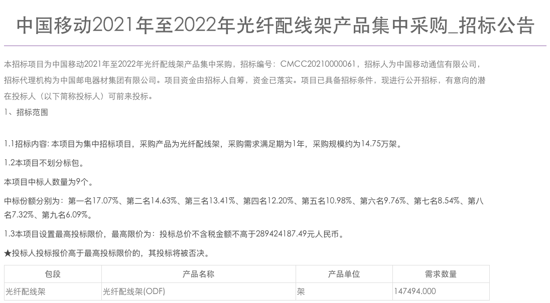 中国移动光纤配线架产品集采：规模为14.75万架，最高投标限价2.9亿元