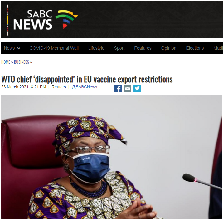 世贸组织对欧盟限制疫苗出口表示失望