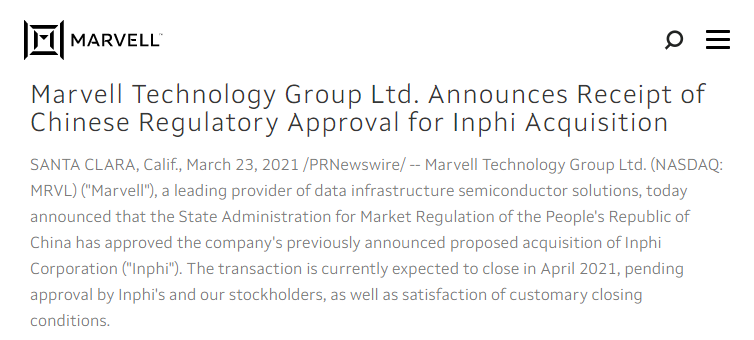 Marvell官宣：收购Inphi已获得中国监管机构批准，4月完成交易