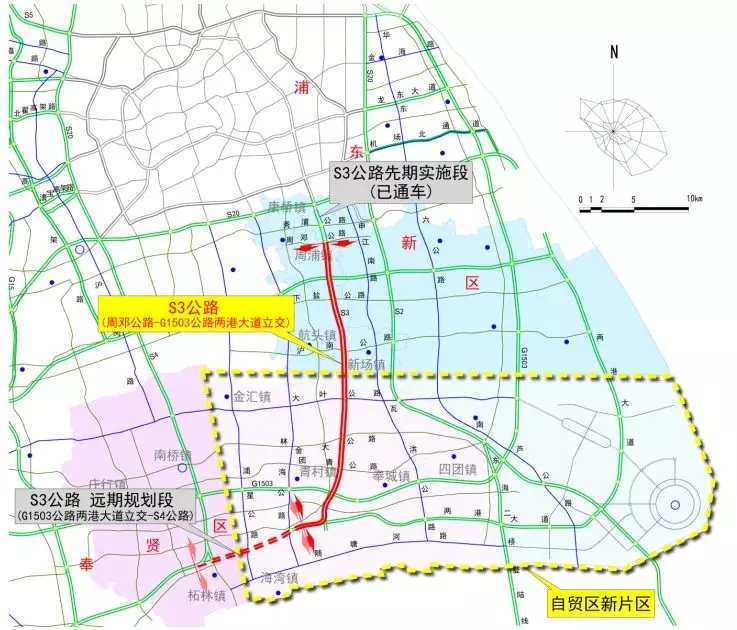 顺接已建成通车的s3公路先期实施段,向南途经浦东新区周浦镇,航头镇