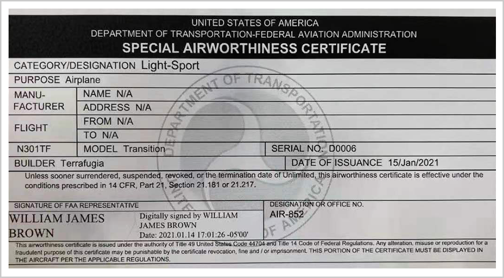FAA颁发给太力飞车的适航证书  图片来源：吉利科技