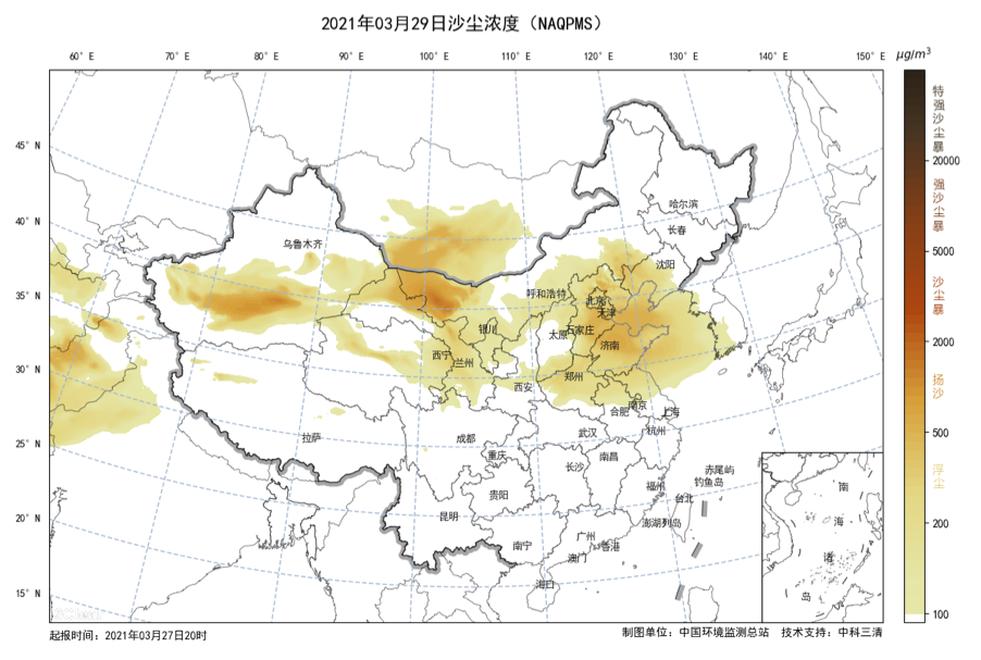 △2021年3月29日全国沙尘浓度预报图