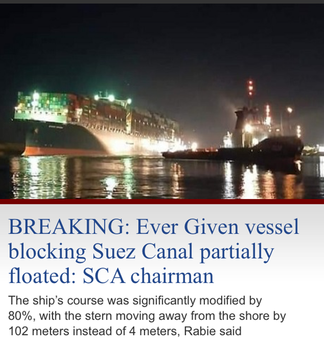 苏伊士运河搁浅货船成功解困 航向位置已调整回80%