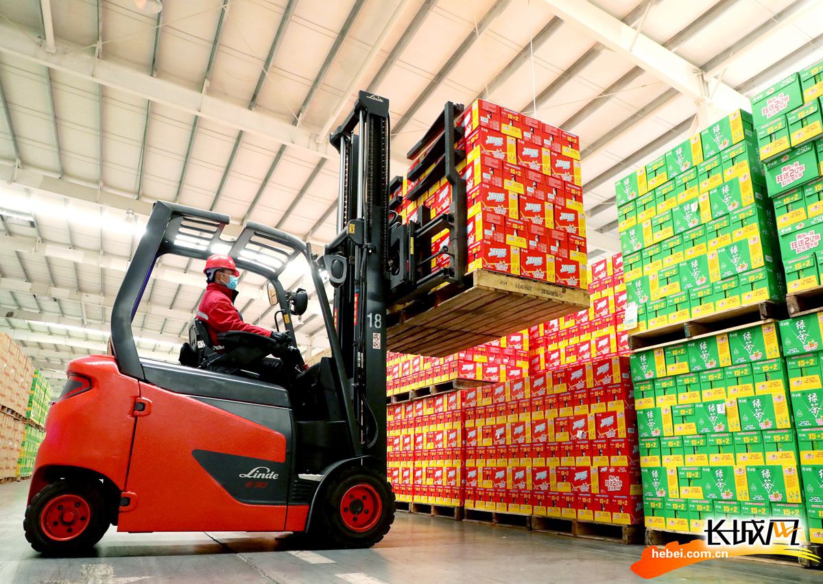 在河北省隆尧县今麦郎集团饮品五厂仓库,员工将产品进行码垛,准备出库