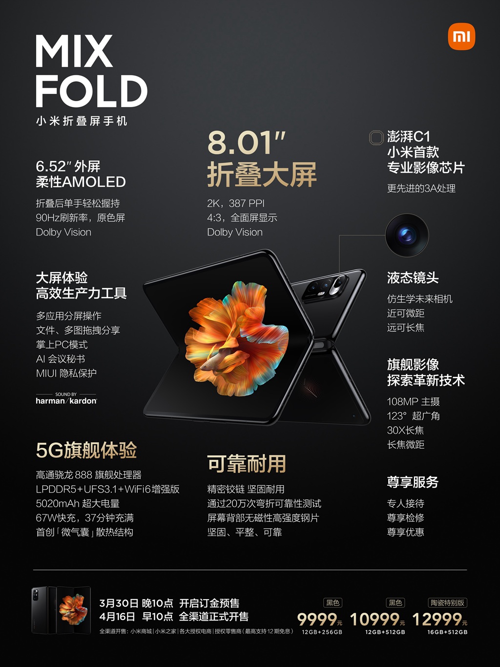 小米折叠屏手机MIX FOLD售9999起：首发液态镜头 自研澎湃C1影像芯片
