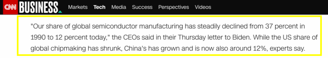▲“我们的全球半导体生产份额从1990年的37%持续下降到现在的12%,”CEO们在周四给拜登的信中这样说。专家们表示,在美国的全球芯片市场份额萎缩时,中国的份额增长到了现在的12%左右。