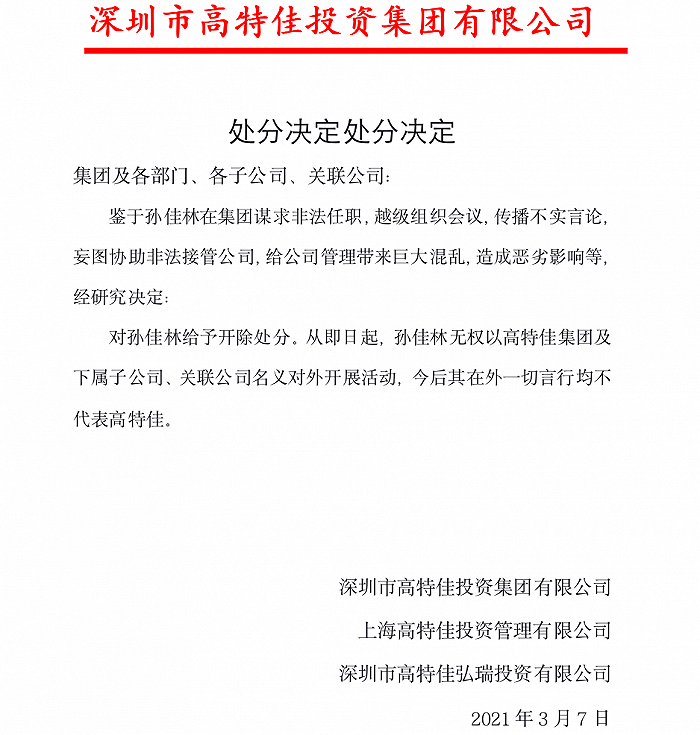 高特佳对孙佳林处分决定截图