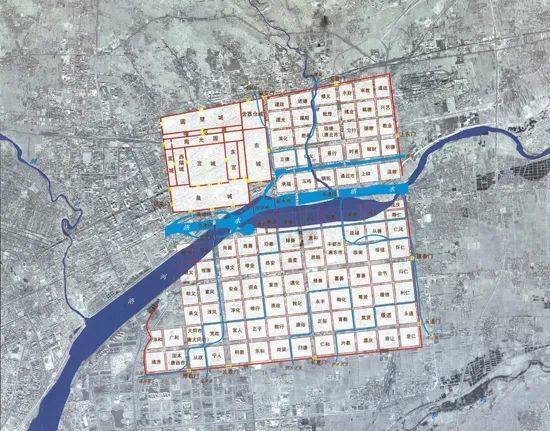 与现代卫星图叠加而成的隋唐洛阳城示意图./洛阳市文物局