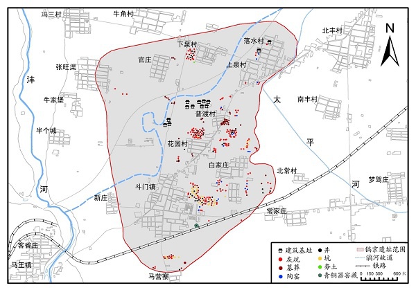 △镐京遗址范围及发现的大型建筑基址和其他遗迹分布图