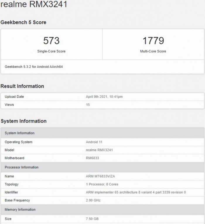 Geekbench曝光了Realme 8 5G型号的主要规格