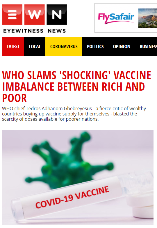 世卫组织对疫苗在贫富间的极度失衡感到震惊