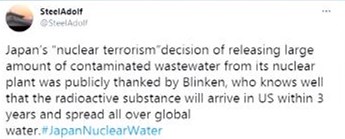△“布林肯居然公开感谢日本将大量核废水排入大海的“核恐怖主义”决定，他明明深知放射性物质将在三年内影响到美国，并在全球水域扩散。”