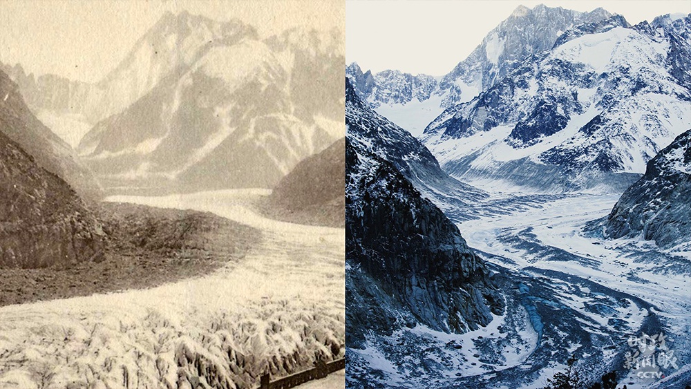 △去年2月，马克龙总统到访位于法国阿尔卑斯山勃朗峰山区的冰海冰川。作为法国最长的冰川，近些年它因全球暖化而急剧萎缩。这是马克龙总统在个人社交媒体上发布的冰川消融对比照片（左为1910年，右为2020年）。