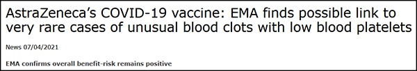 欧洲药品管理7日发表声明称，阿斯利康疫苗与罕见血栓存在一定关联