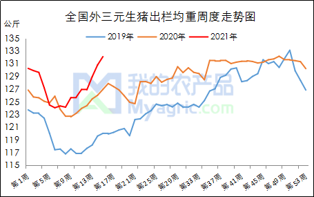 图2 全国外三元生猪出栏均重周度走势图