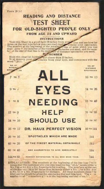  ▲ 1910 年代眼镜推销员的袖珍型视力表，由完整句子‘所有需要帮助的眼睛，都需要使用 Haux Perfect 博士版本的眼镜’组成。 图片来自：美国眼科医学会