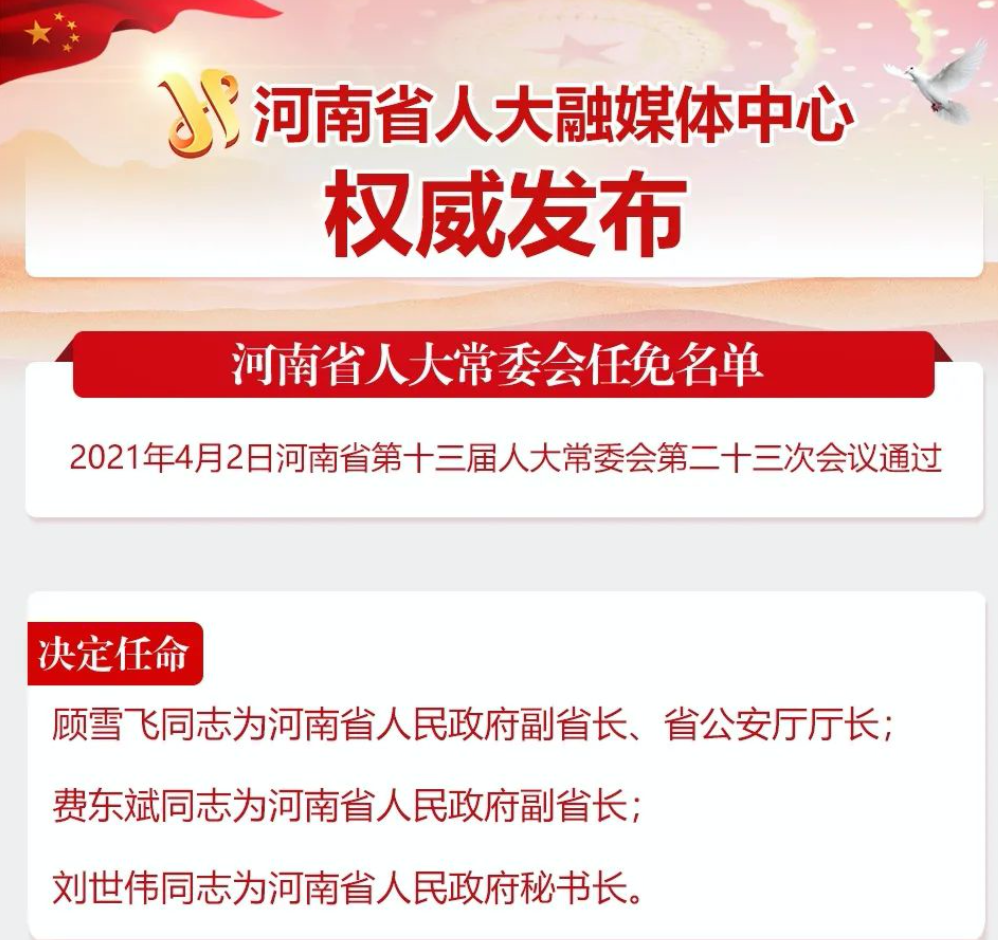 王凯任河南省代理省长 顾雪飞,费东斌任河南省副省长