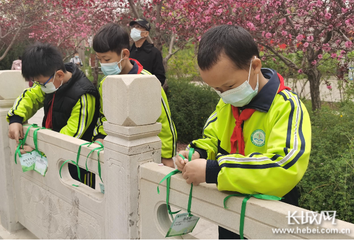 少先隊員在烈士紀念碑前繫上追思卡.通訊員尉會芳攝