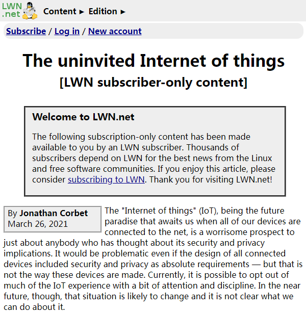 不请自来的物联网：LWN编辑发表搬家后的一些感想