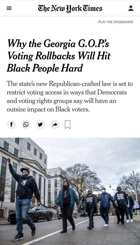 △《纽约时报》报道，佐治亚州的选举投票新规极大打击了非洲裔群体