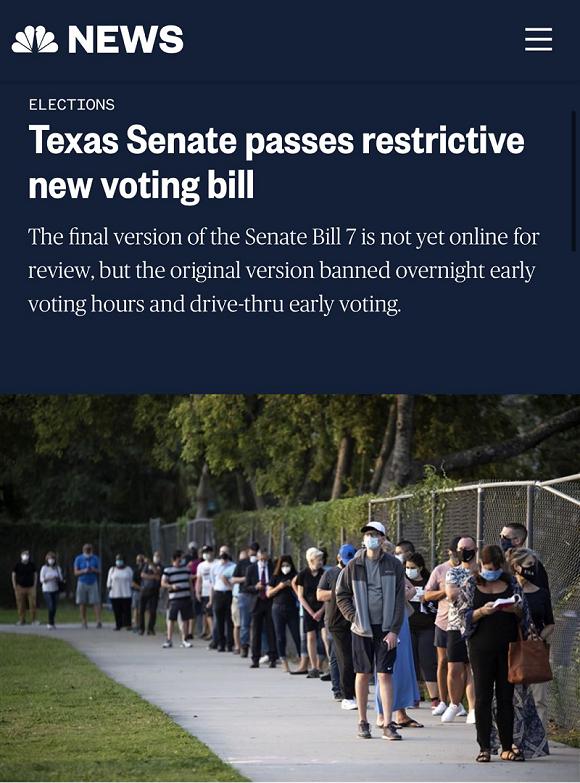△美国全国广播电台报道，得克萨斯州参议院通过的新投票法案，将极大抑制选民投票积极性