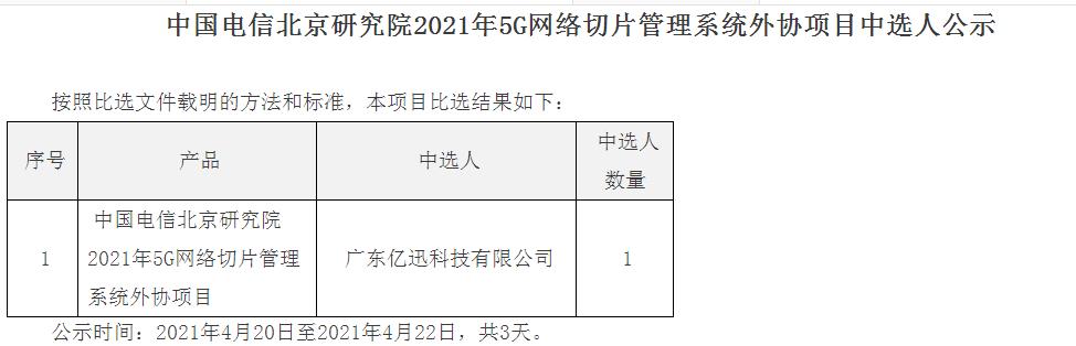 中国电信5G网络切片管理系统外协项目采购，广东亿迅中标
