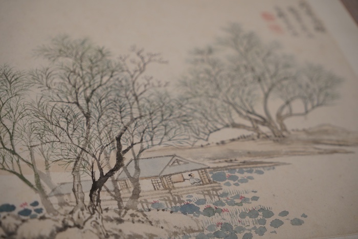 清 恽寿平《山水册·荷香水榭》画中荷叶独特,以湿墨氤氲出不规则的