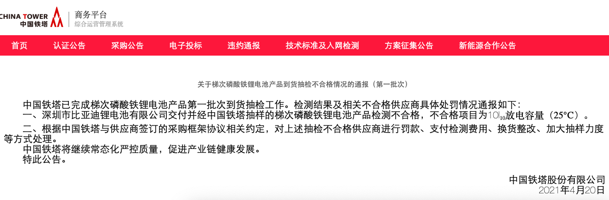 铁塔梯次磷酸铁锂电池产品到货抽检结果：比亚迪不合格