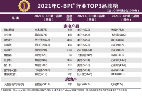 (2021年C-BPI行业TOP3品牌榜部分)
