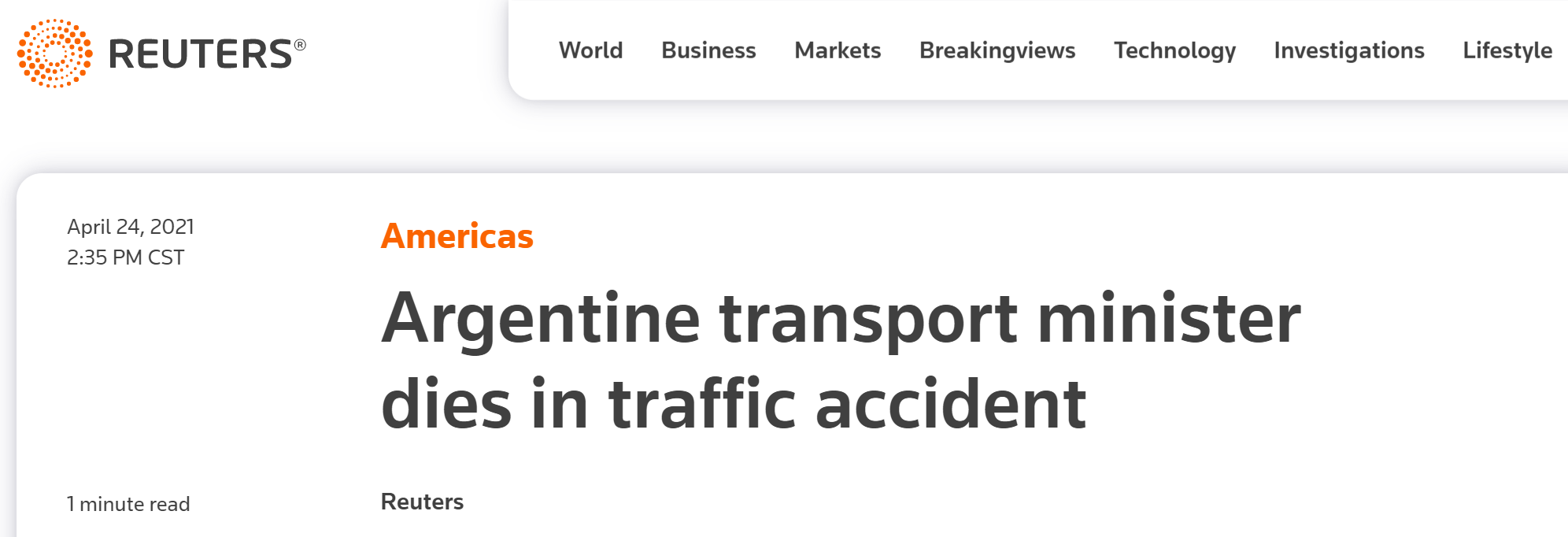 阿根廷交通部长在交通事故中丧生，总统悼念