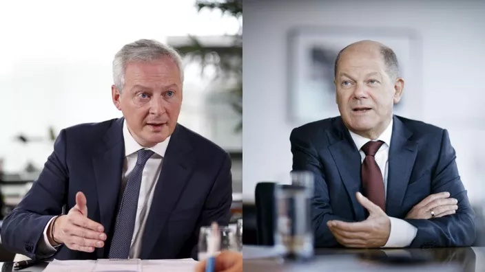 △法国财政部长勒梅尔（左）、德国财政部长舒尔茨（右）
