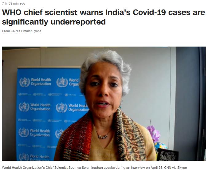 ​世卫组织首席科学家：印度实际感染人数或比报告数高20至30倍