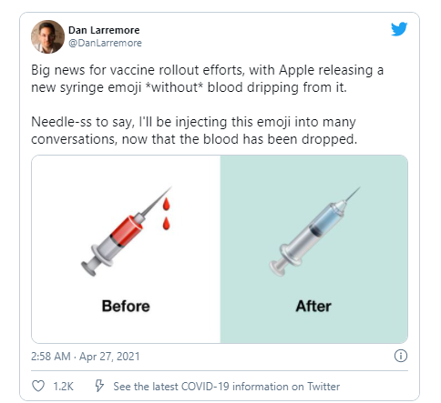 苹果iOS 14.5 新增“针管”表情：提醒积极接种疫苗、献血