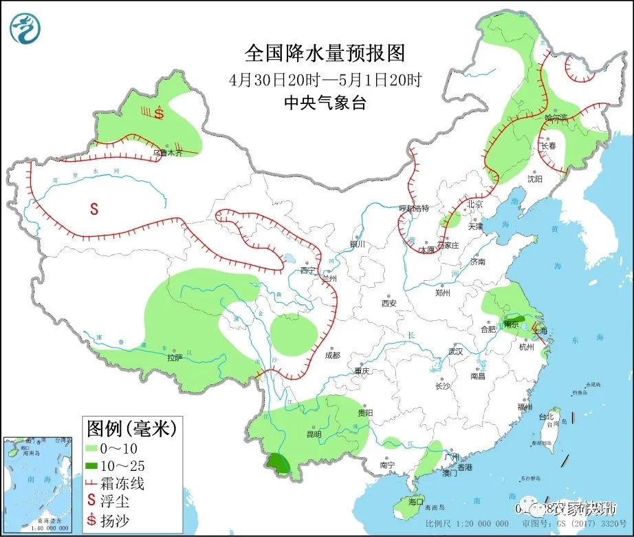 图3 全国降水量预报图（4月30日20时-5月1日20时）