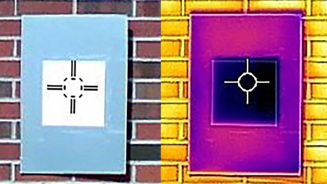 红外相机（右图）显示了白色粉刷样本（中间的深紫色正方形）将电路板冷却到低于环境温度。（图片来源：普渡大学 阮修林）