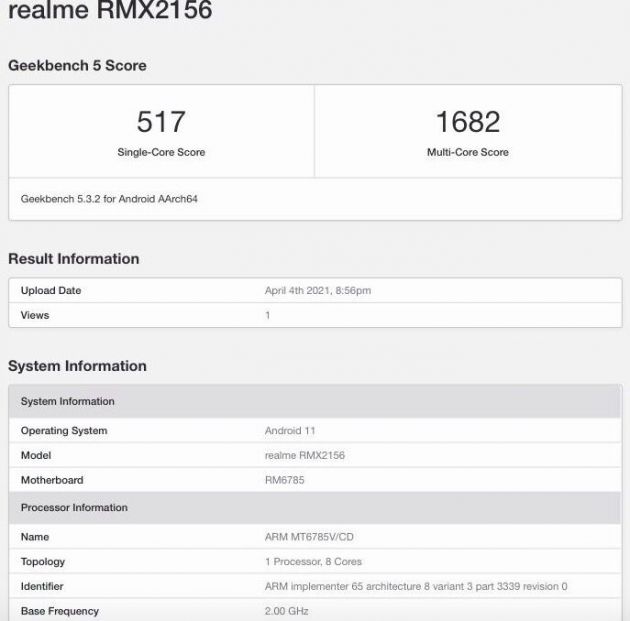 Realme Narzo 30现身Geekbench：单核跑分为517 多核跑分为1682