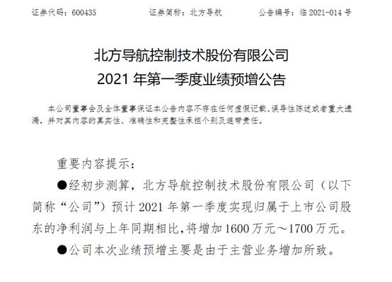 北方导航第一季度业绩预增1600万-1700万元