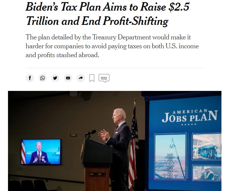 △《纽约时报》：拜登推出2.5万亿美元增税方案，终结利润转移。