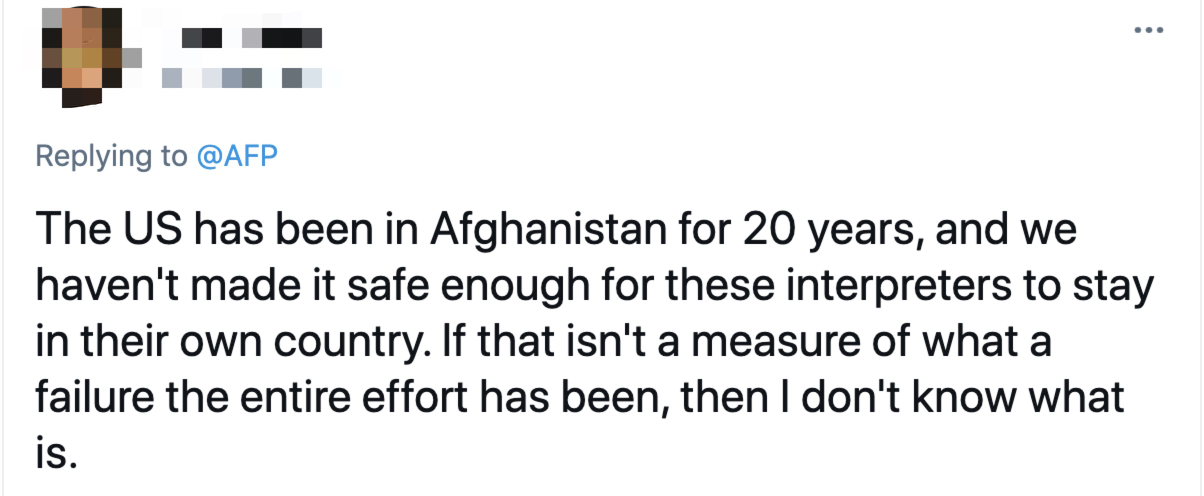 △网民：“美国在阿富汗20年，没有让这些（民众）觉得留在自己的国家足够安全。如果这还不是衡量整个（“反恐”）努力失败的标准，我不知道什么才是。”