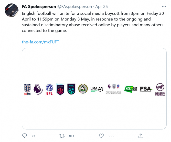 为抗议网络滥用 英国足球队开始为期四天的社交媒体抵制活动