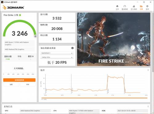 ▲联想小新15 R7-5700uFire Strike跑分32460分，其中显卡测试3532分，物理得分20008，综合得分为1134分。