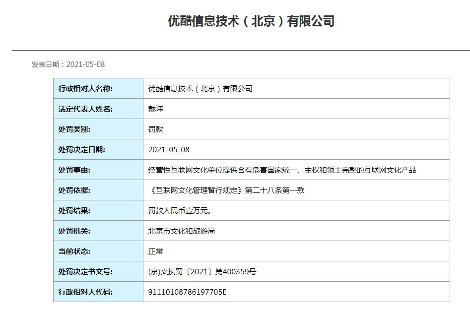 优酷被北京文旅局处罚：提供含危害国家统一互联网文化产品