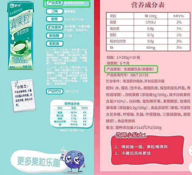 真果粒盒装、真果粒花果轻乳的配料表对比