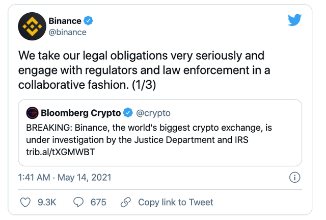 传加密货币交易所币安再被美国调查 币安回应 我们不做任何评论 监管机构 数字货币 新浪科技 新浪网