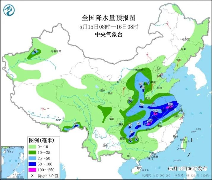 全国降水量预报来源：中央气象台