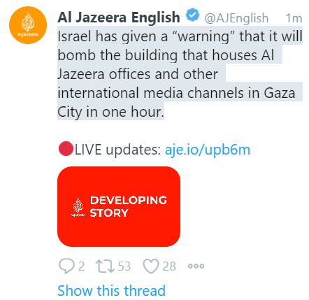 外媒：以色列向加沙地带外媒发布“警告” 称将在一小时内炸毁外国媒体办公楼