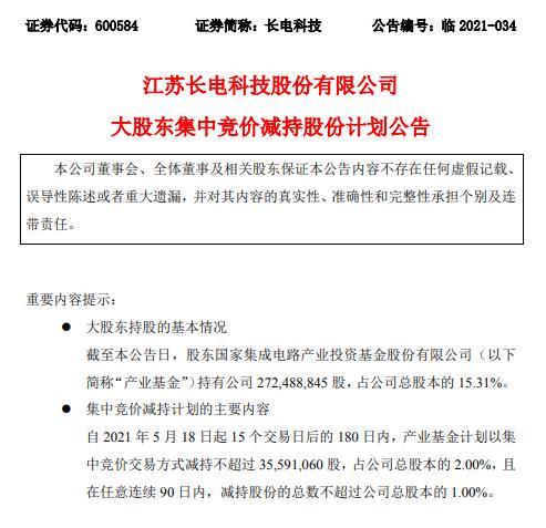 “32万股东瞬间炸锅 630亿封测巨头长电科技拟被“国家队”大手笔减持