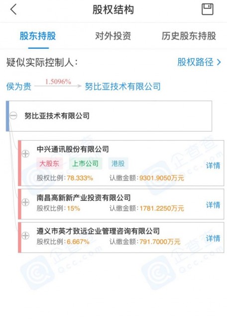 努比亚技术有限公司被强制执行，公司最大股东为中兴通讯