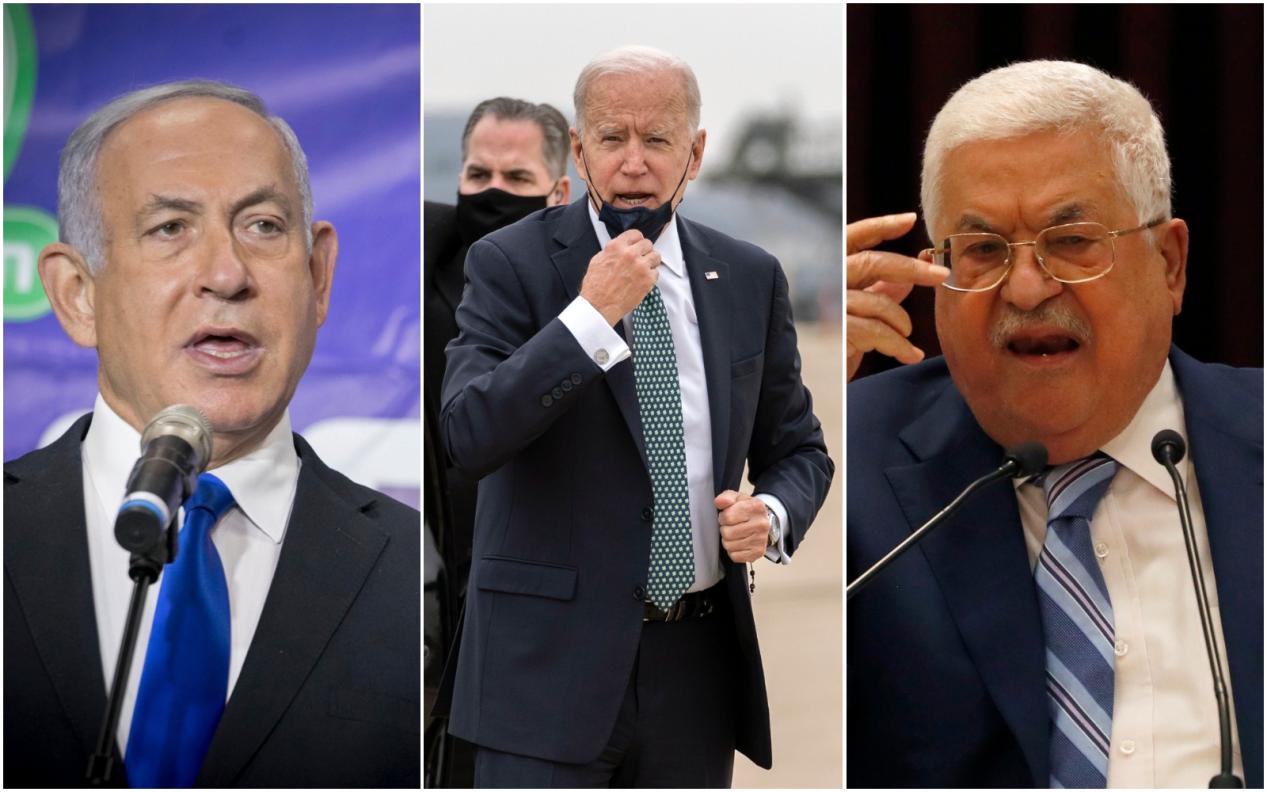 △以色列总理内塔尼亚胡、美国总统拜登、巴勒斯坦总统阿巴斯
